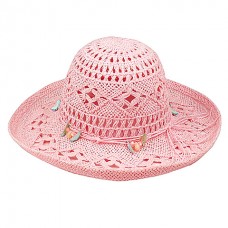 Wide Brim Crochet Toyo Straw Accent Hats – 12 PCS w/ Beaded Band - Pink - HT-8202PK